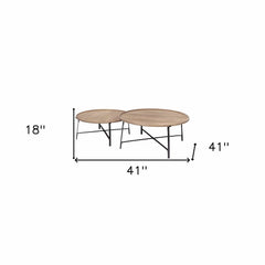 Set of Two 41" Brown And Black Solid Wood And Iron Round Nested Coffee Tables - Homeroots
