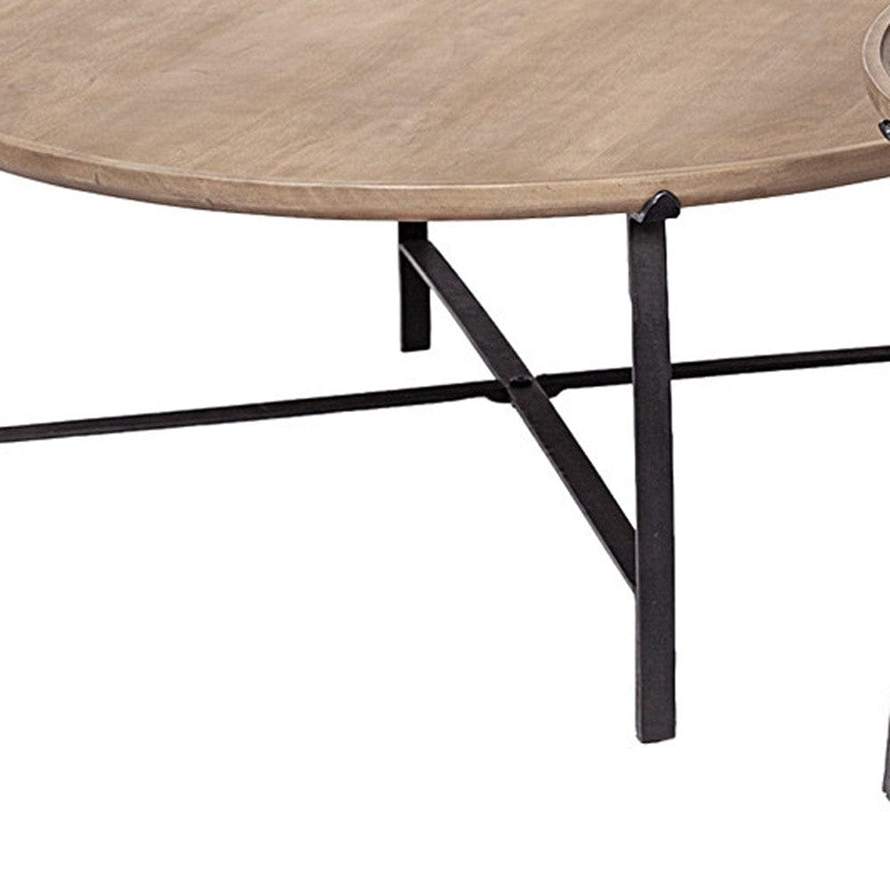 Set of Two 41" Brown And Black Solid Wood And Iron Round Nested Coffee Tables - Homeroots