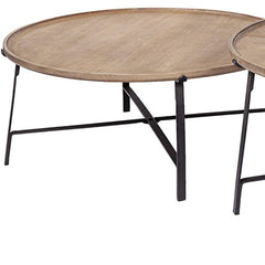 Set of Two 41" Brown And Black Solid Wood And Iron Round Nested Coffee Tables - Homeroots