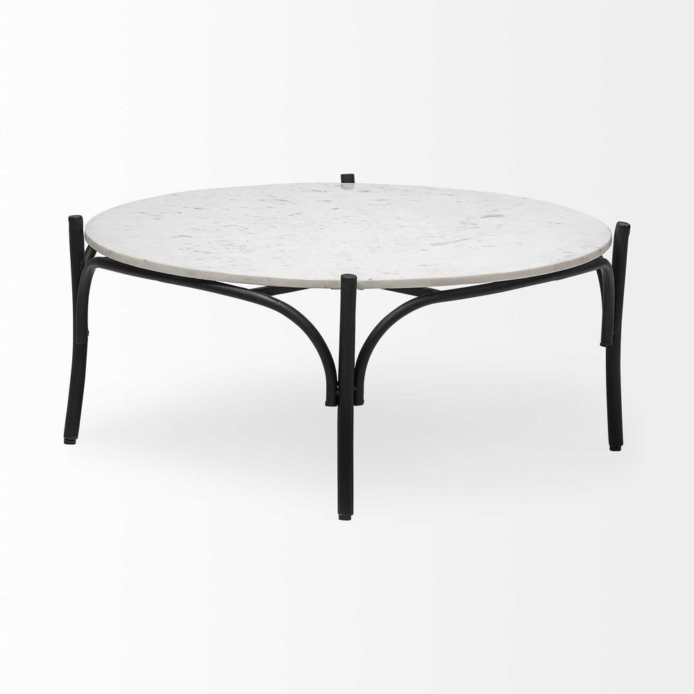 36" Round White Marble Top Black And Metal Base Coffee Table - Homeroots