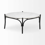 36" Round White Marble Top Black And Metal Base Coffee Table - Homeroots