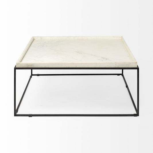 36" White And Black Genuine Marble And Metal Square Coffee Table - Homeroots