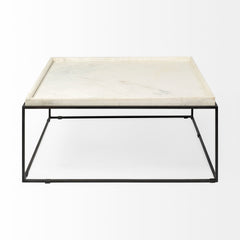 36" White And Black Genuine Marble And Metal Square Coffee Table - Homeroots