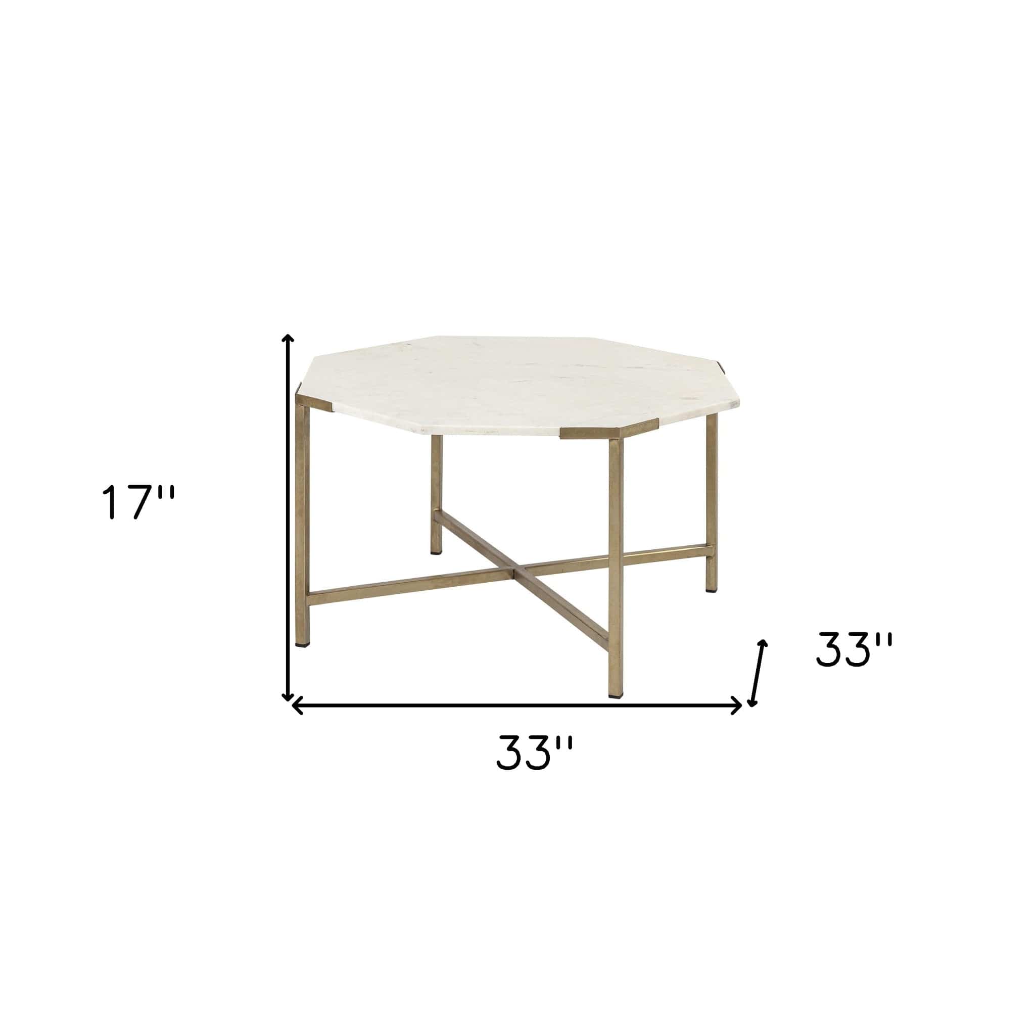 33" White And Gold Genuine Marble And Metal Octagon Coffee Table - Homeroots - Flyclothing LLC