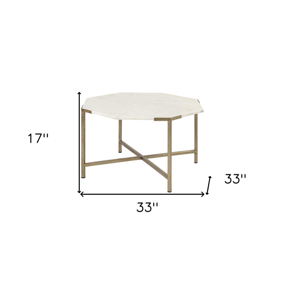 33" White And Gold Genuine Marble And Metal Octagon Coffee Table - Homeroots - Flyclothing LLC