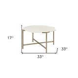 33" White And Gold Genuine Marble And Metal Octagon Coffee Table - Homeroots