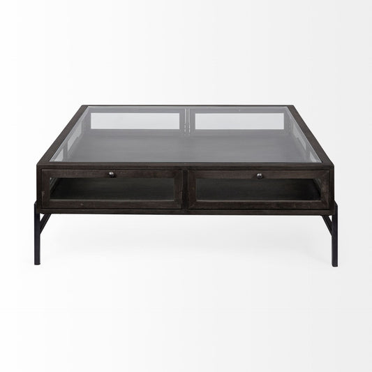 42" Black And Brown Square Coffee Table With Two Drawers