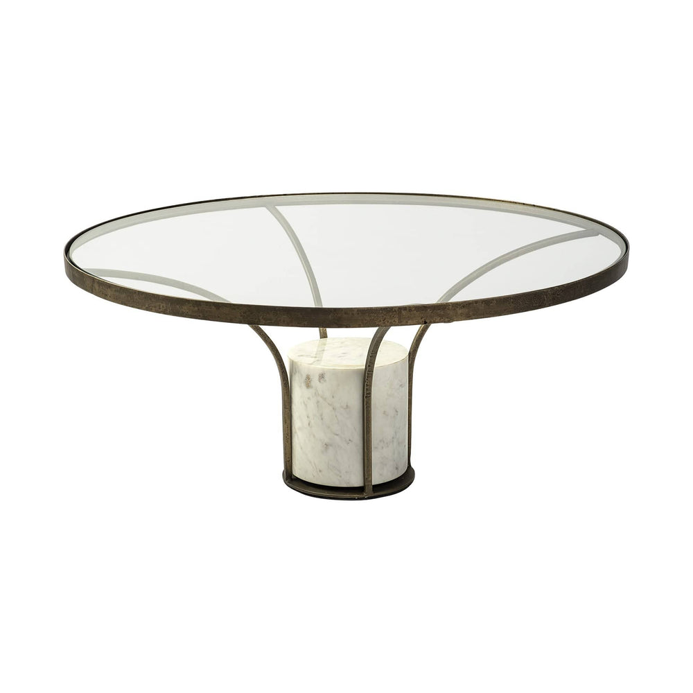 36" Clear And White and Gold Glass And Stone Round Coffee Table - Homeroots