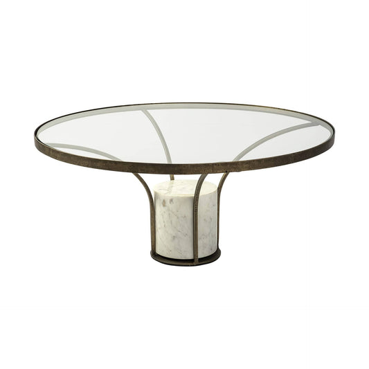 36" Clear And White and Gold Glass And Stone Round Coffee Table