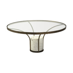 36" Clear And White and Gold Glass And Stone Round Coffee Table