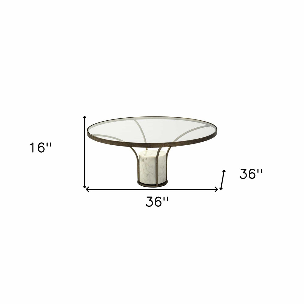 36" Clear And White and Gold Glass And Stone Round Coffee Table - Homeroots - Flyclothing LLC