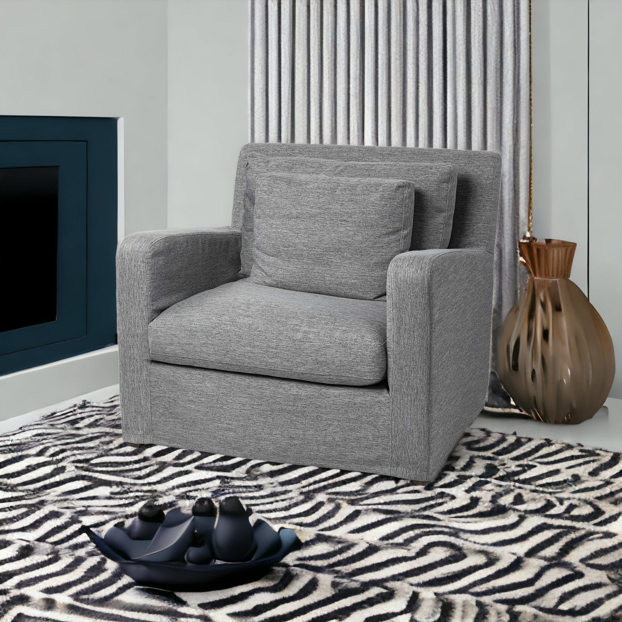 38" Gray And Wood Brown Linen Arm Chair - Homeroots