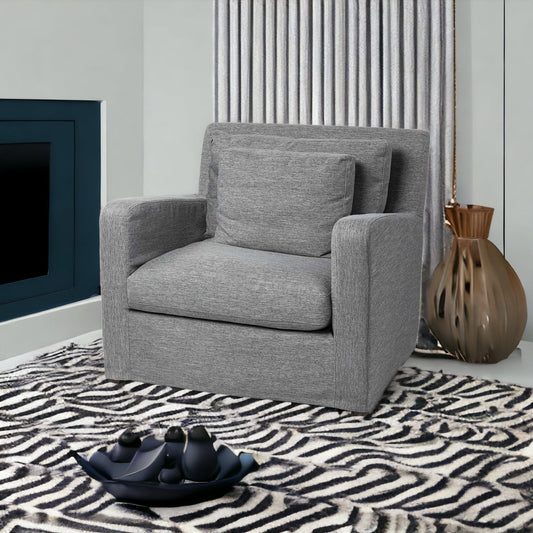 38" Gray And Wood Brown Linen Arm Chair - Homeroots