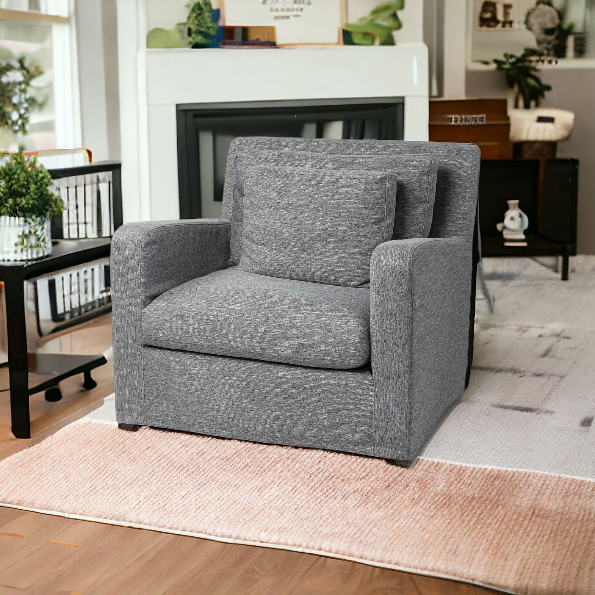 38" Gray And Wood Brown Linen Arm Chair - Homeroots - Flyclothing LLC