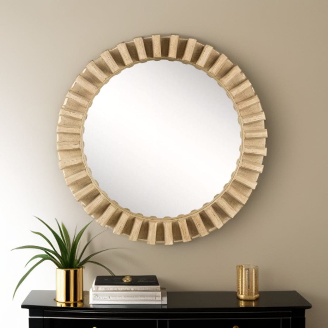 35" Round Natural Brown Wood Frame Wall Mirror - Homeroots