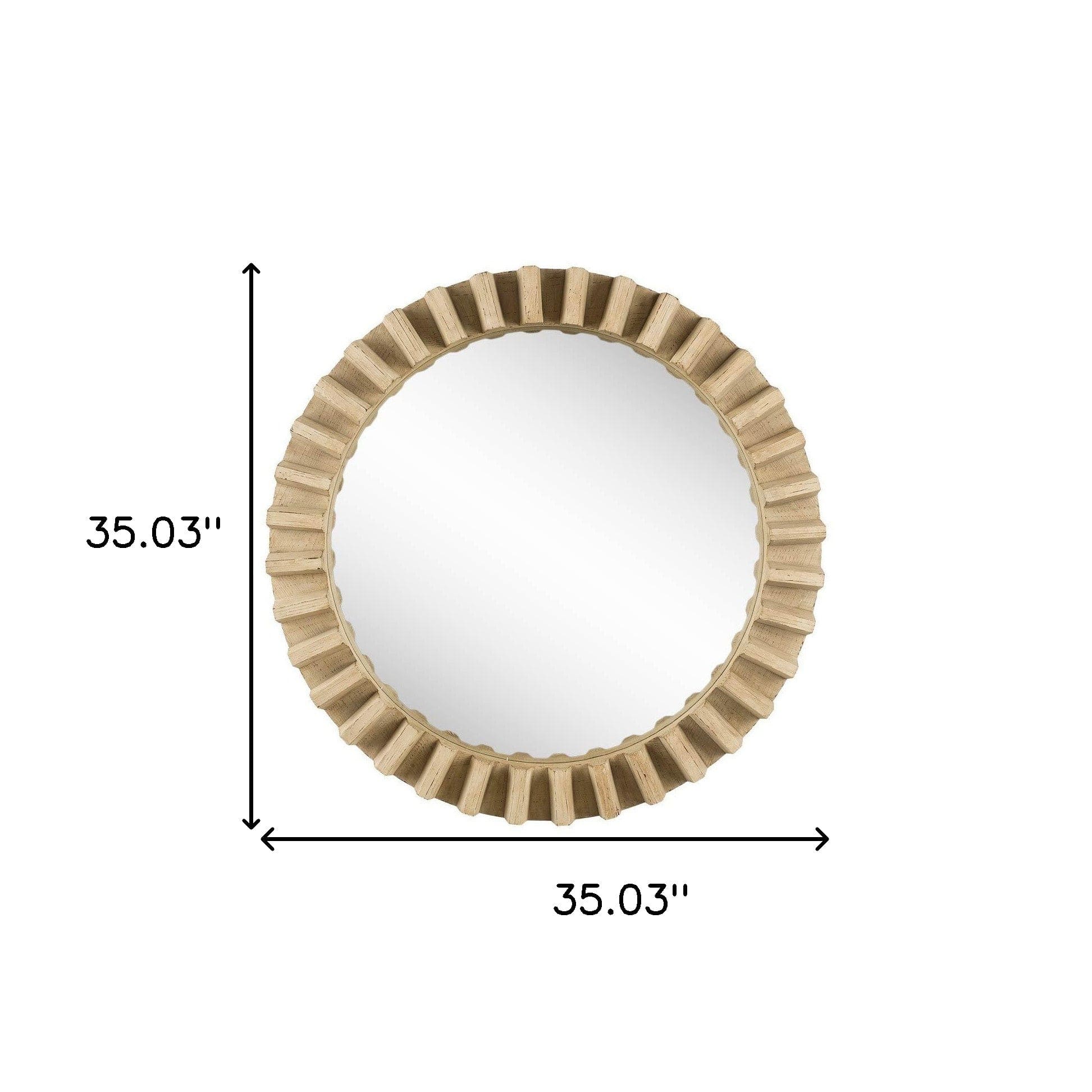 35" Round Natural Brown Wood Frame Wall Mirror - Homeroots