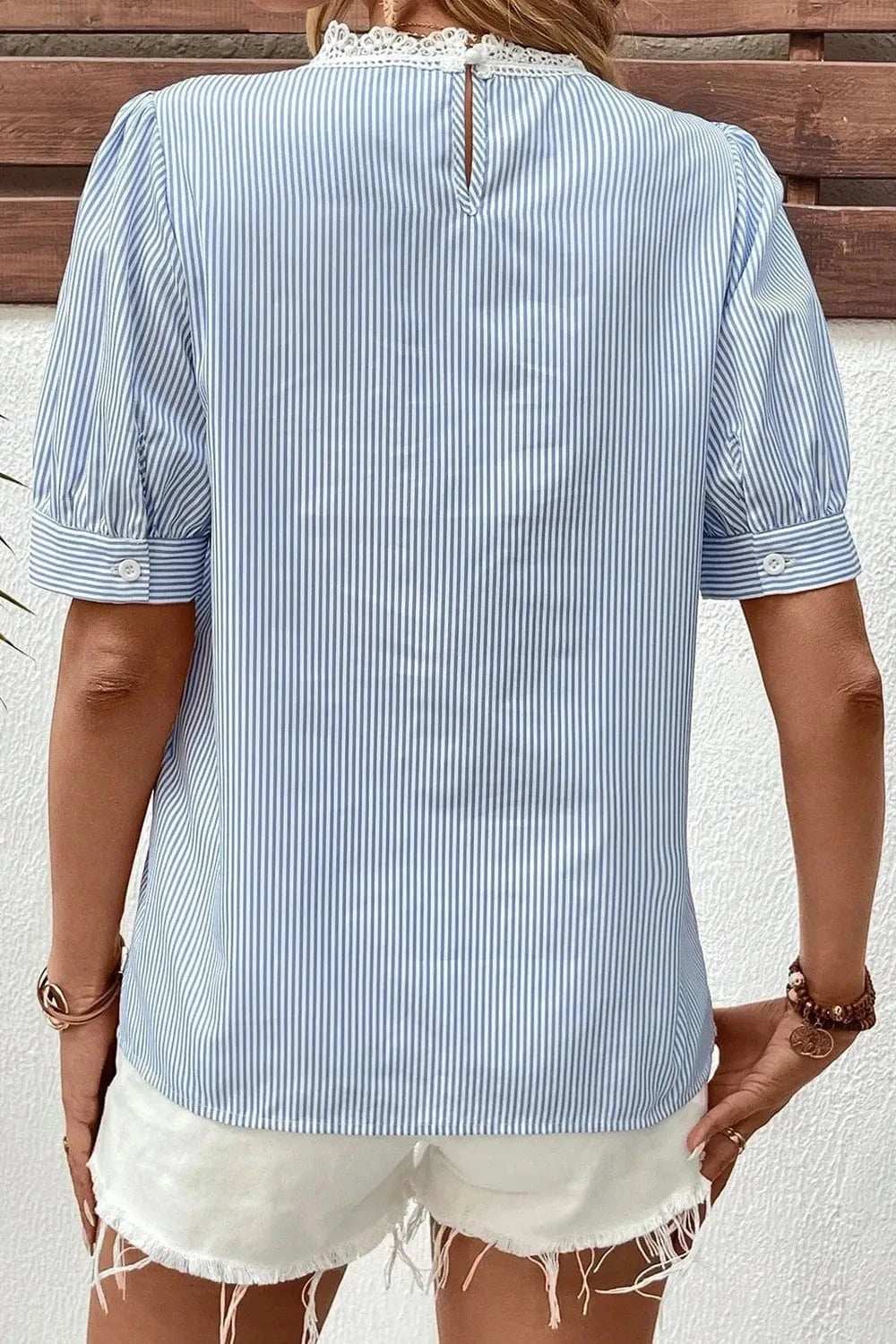Lace Detail Striped Round Neck Half Sleeve Blouse - Trendsi - Flyclothing LLC