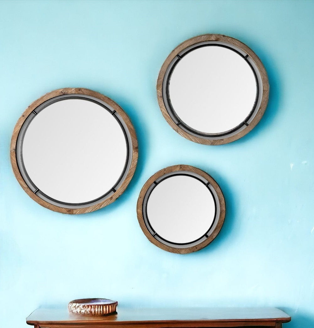 19" Brown Wood And Black Metal Frame Wall Mirror - Homeroots
