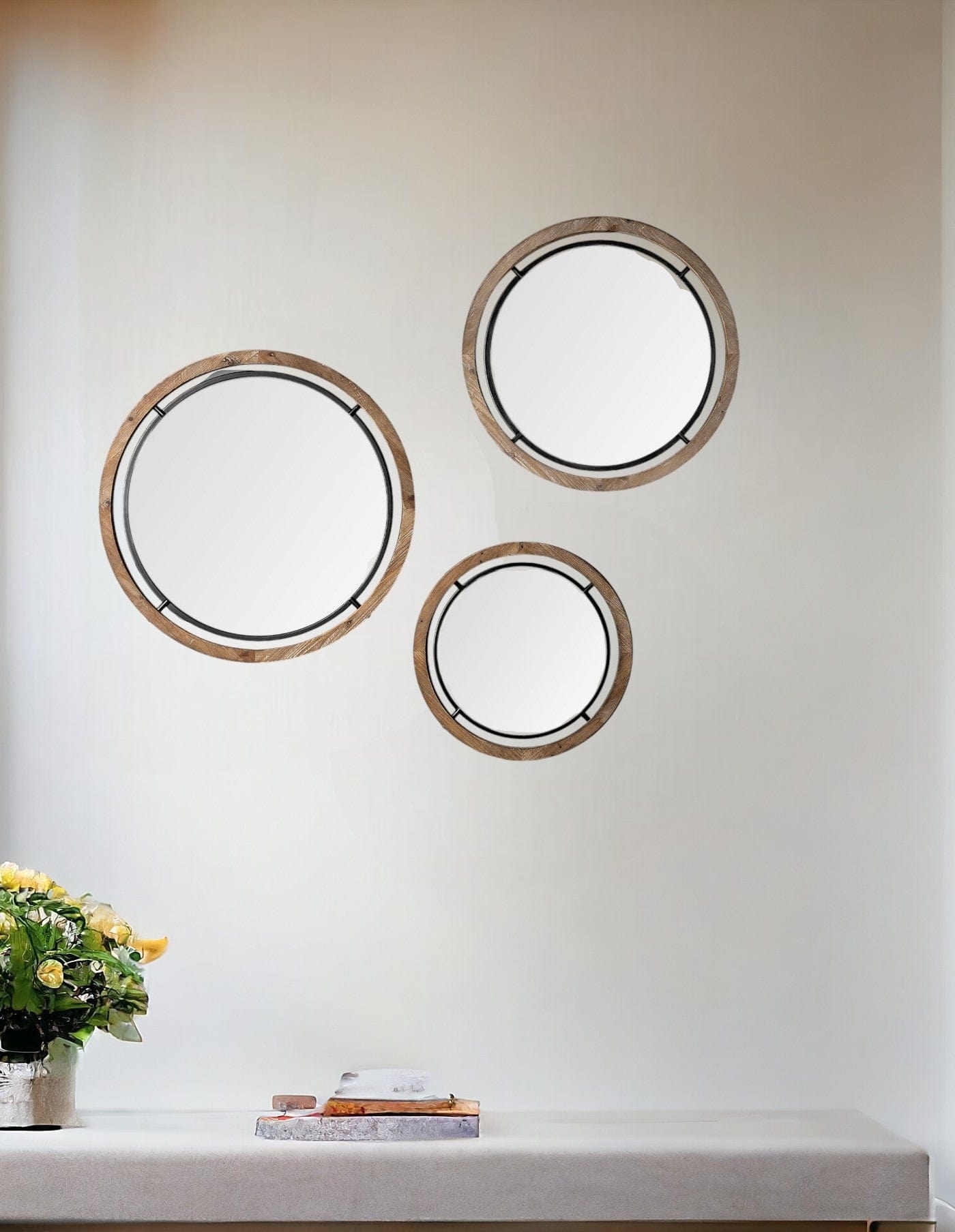 24" Brown Wood And Black Metal Double Frame Wall Mirror - Homeroots - Flyclothing LLC