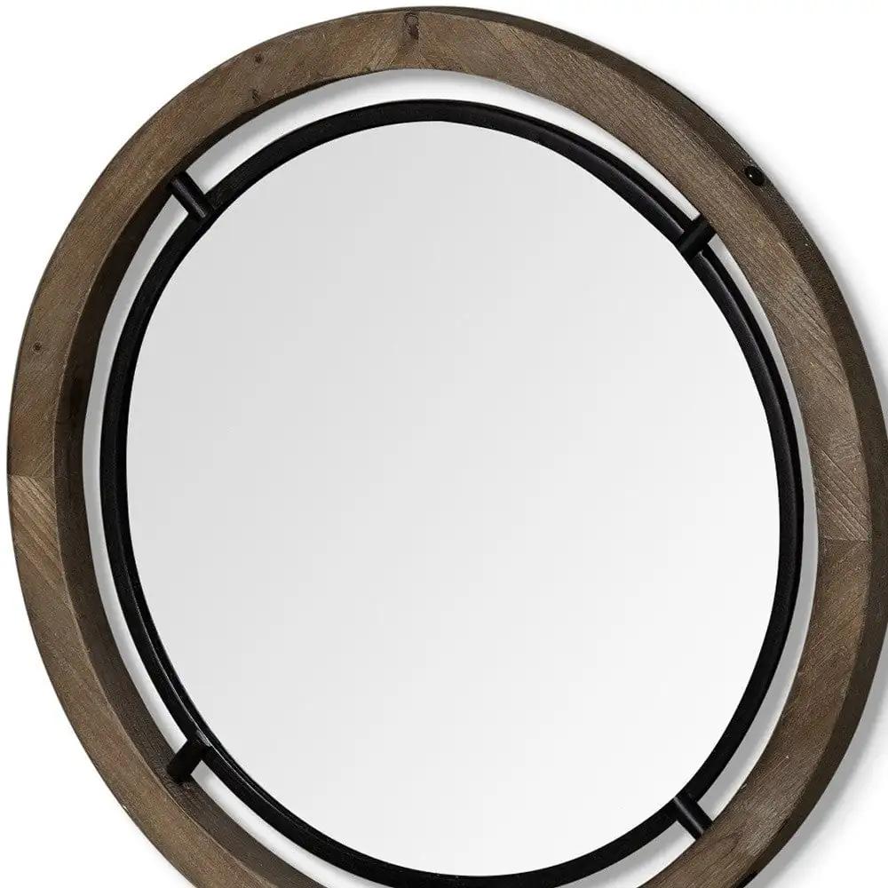 24" Brown Wood And Black Metal Double Frame Wall Mirror - Homeroots - Flyclothing LLC