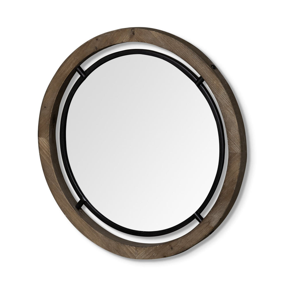 28" Brown Wood And Black Metal Round Framed Accent Mirror - Homeroots - Flyclothing LLC