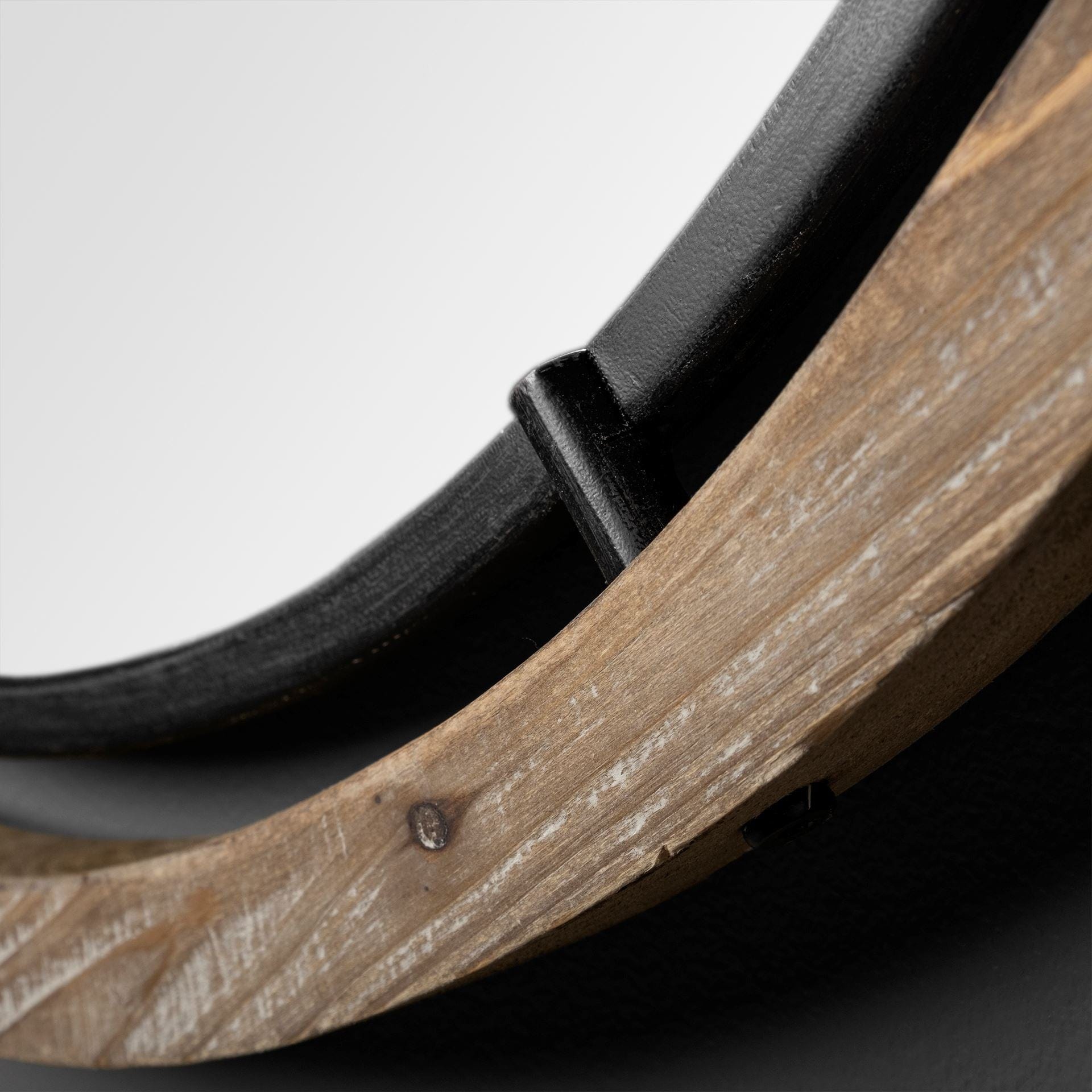 28" Brown Wood And Black Metal Round Framed Accent Mirror - Homeroots - Flyclothing LLC