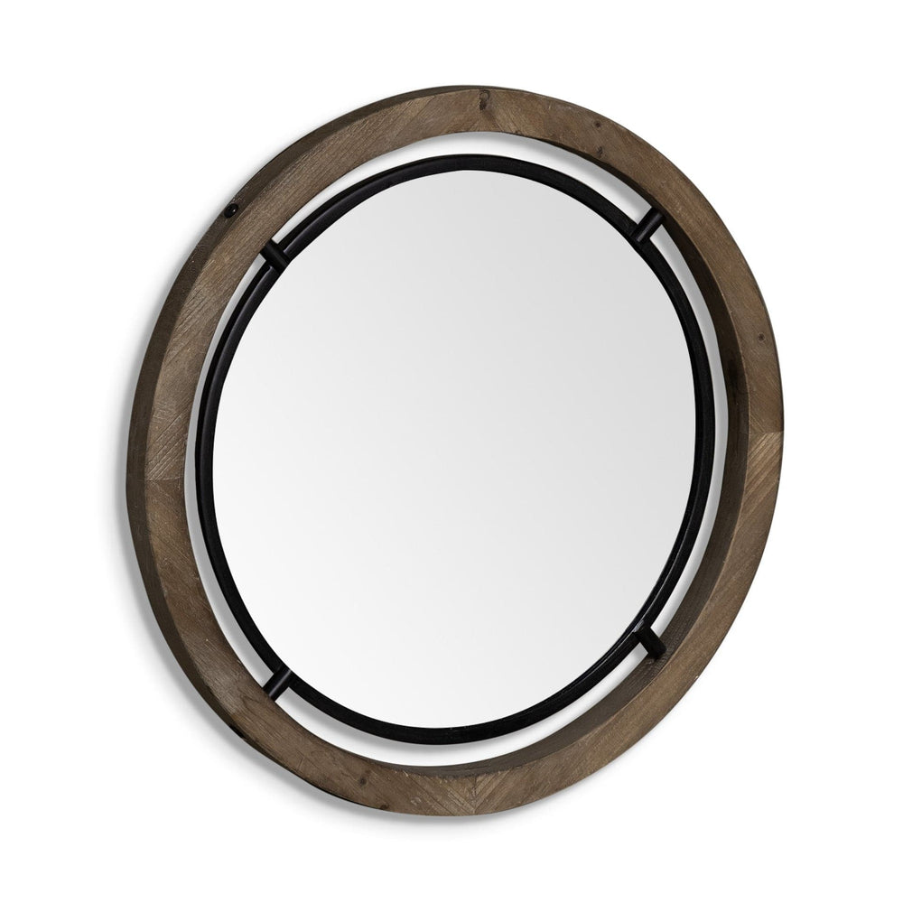 28" Brown Wood And Black Metal Round Framed Accent Mirror - Homeroots - Flyclothing LLC