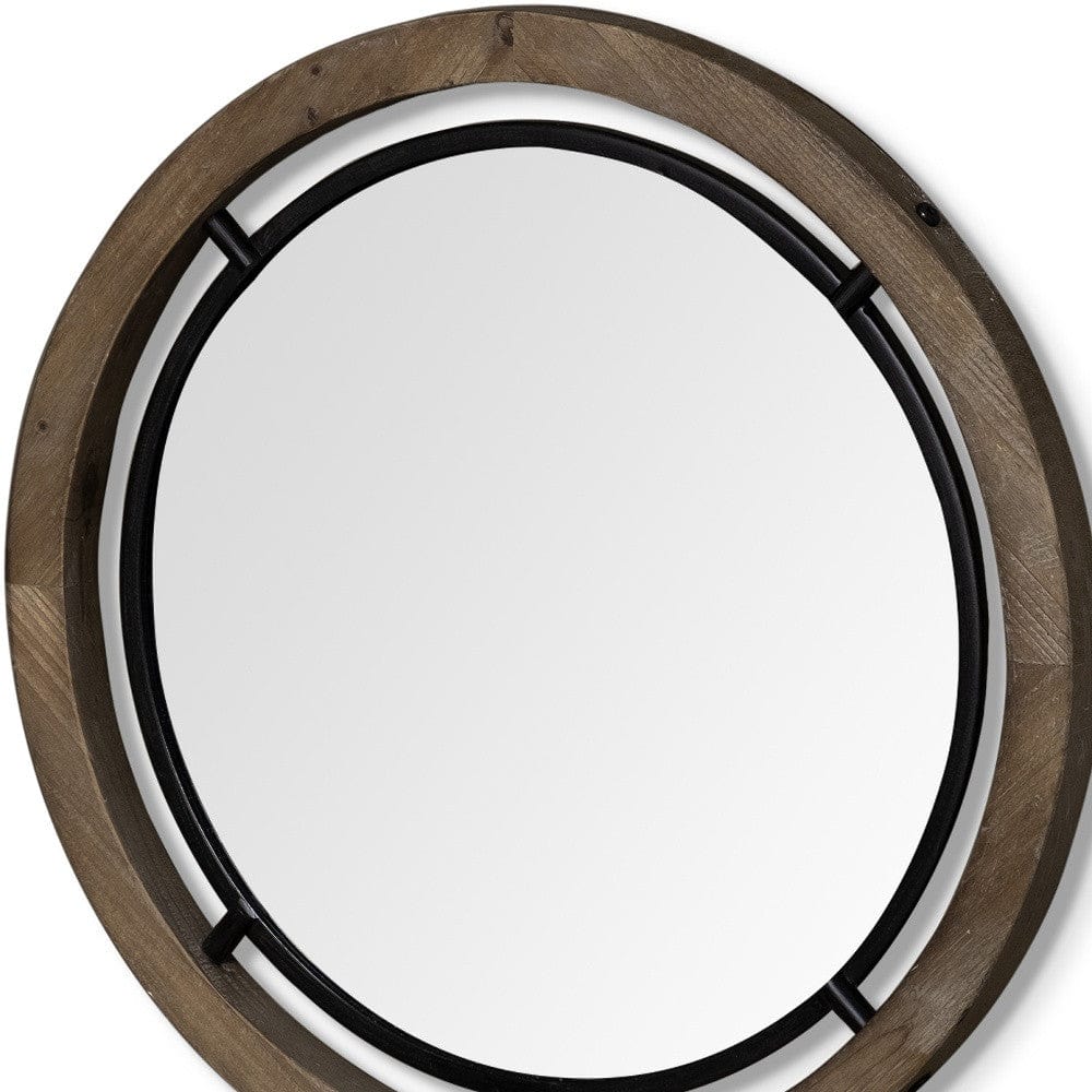 28" Brown Wood And Black Metal Round Framed Accent Mirror - Homeroots - Flyclothing LLC