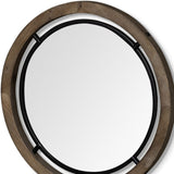 28" Brown Wood And Black Metal Round Framed Accent Mirror - Homeroots - Flyclothing LLC