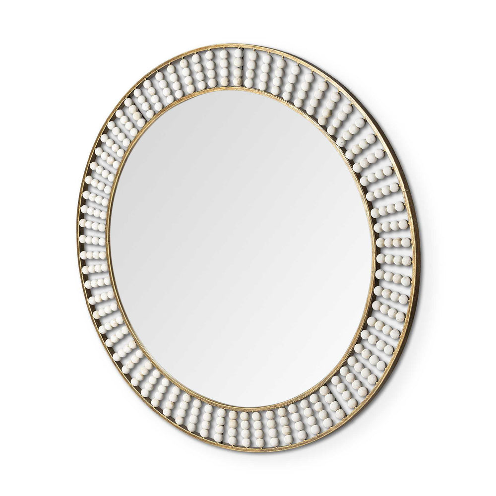 42" Round Gold Metal Frame Wall Mirror With White Wood Beads - Homeroots - Flyclothing LLC