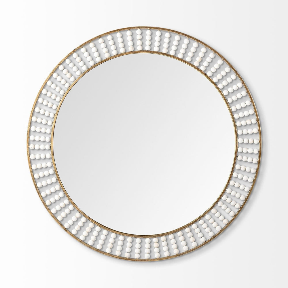 42" Round Gold Metal Frame Wall Mirror With White Wood Beads - Homeroots - Flyclothing LLC