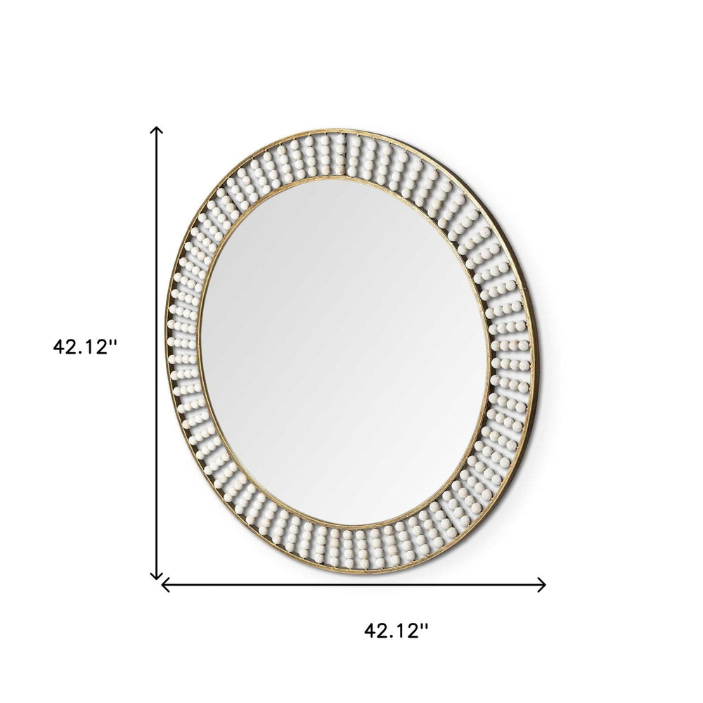 42" Round Gold Metal Frame Wall Mirror With White Wood Beads - Homeroots - Flyclothing LLC