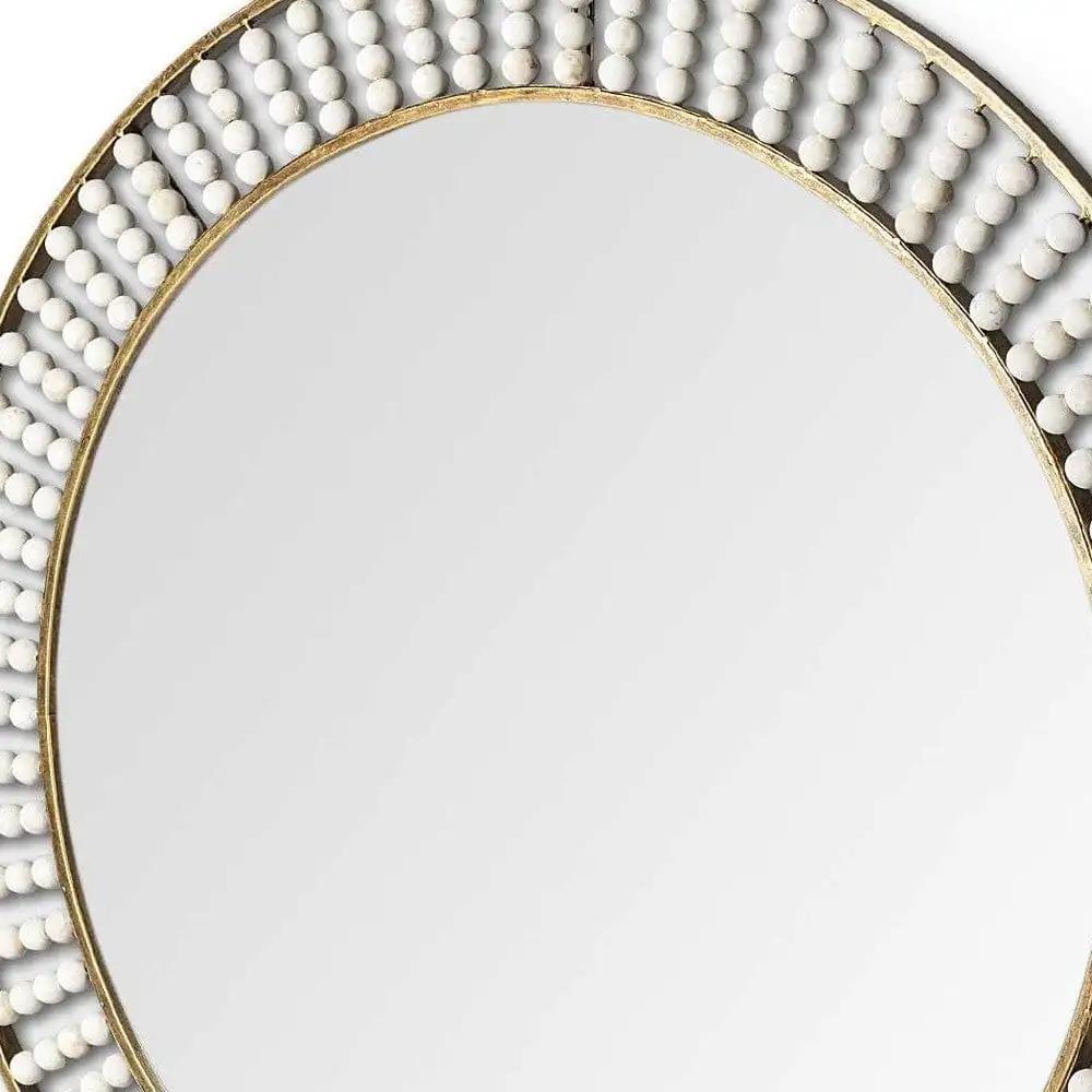 42" Round Gold Metal Frame Wall Mirror With White Wood Beads - Homeroots - Flyclothing LLC