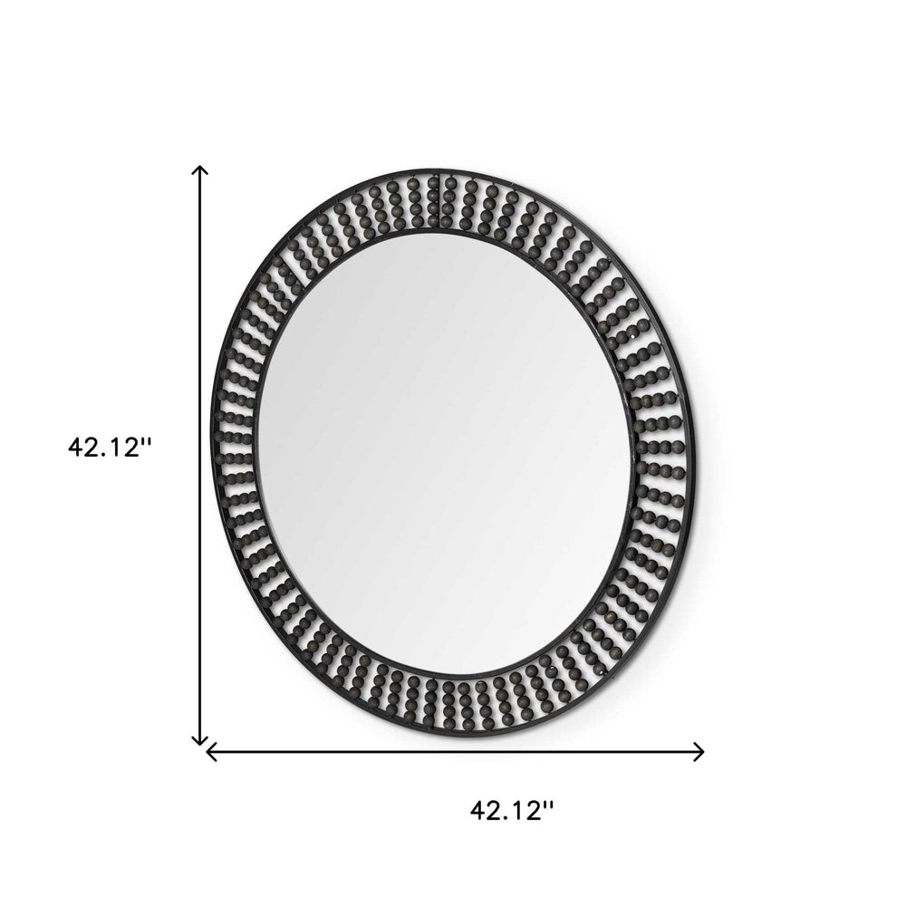 42" Round Black Metal Frame Wall Mirror With Wood Beads - Homeroots - Flyclothing LLC