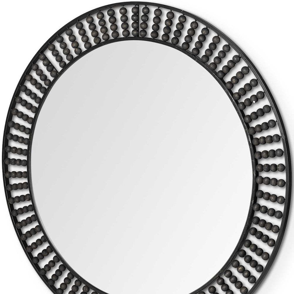 42" Round Black Metal Frame Wall Mirror With Wood Beads - Homeroots - Flyclothing LLC