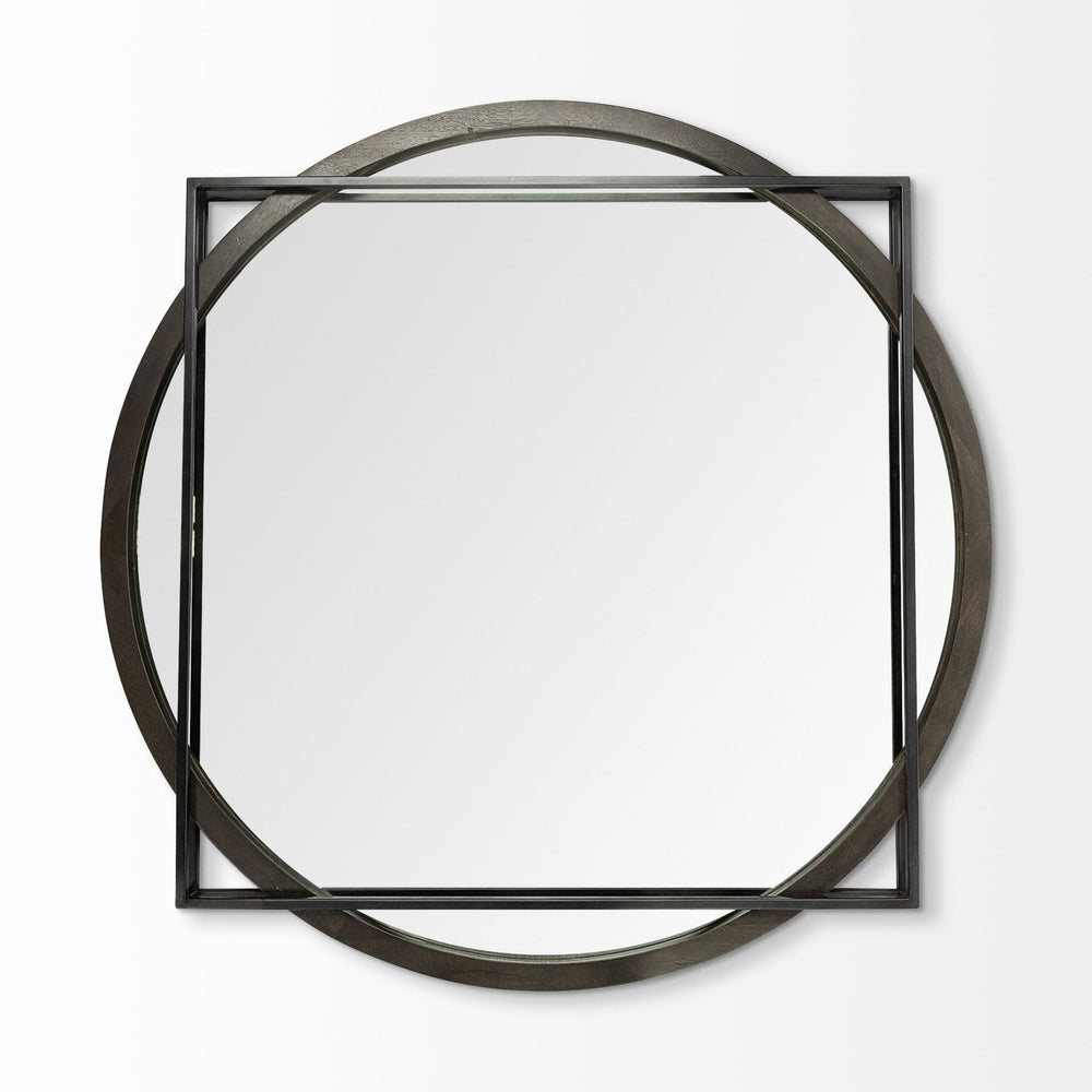 46" Round on Square Black Wood And Metal Frame Wall Mirror - Homeroots - Flyclothing LLC