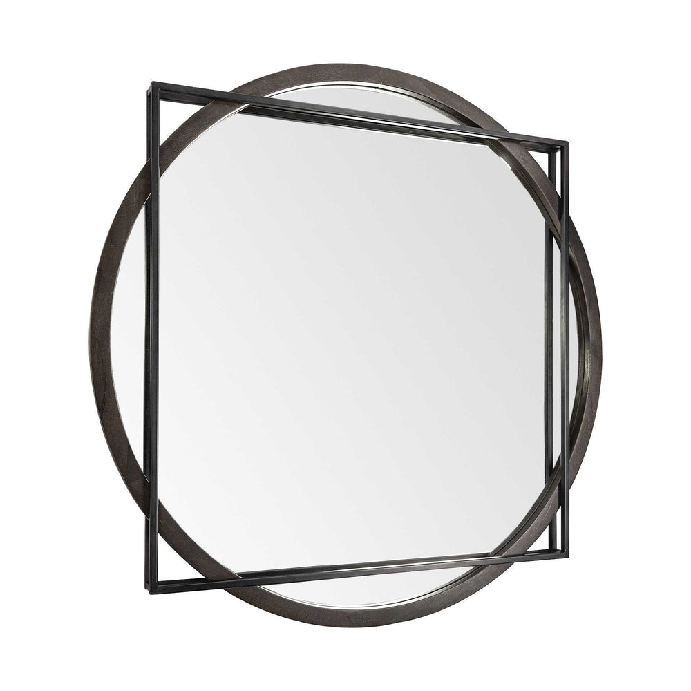 46" Round on Square Black Wood And Metal Frame Wall Mirror - Homeroots - Flyclothing LLC