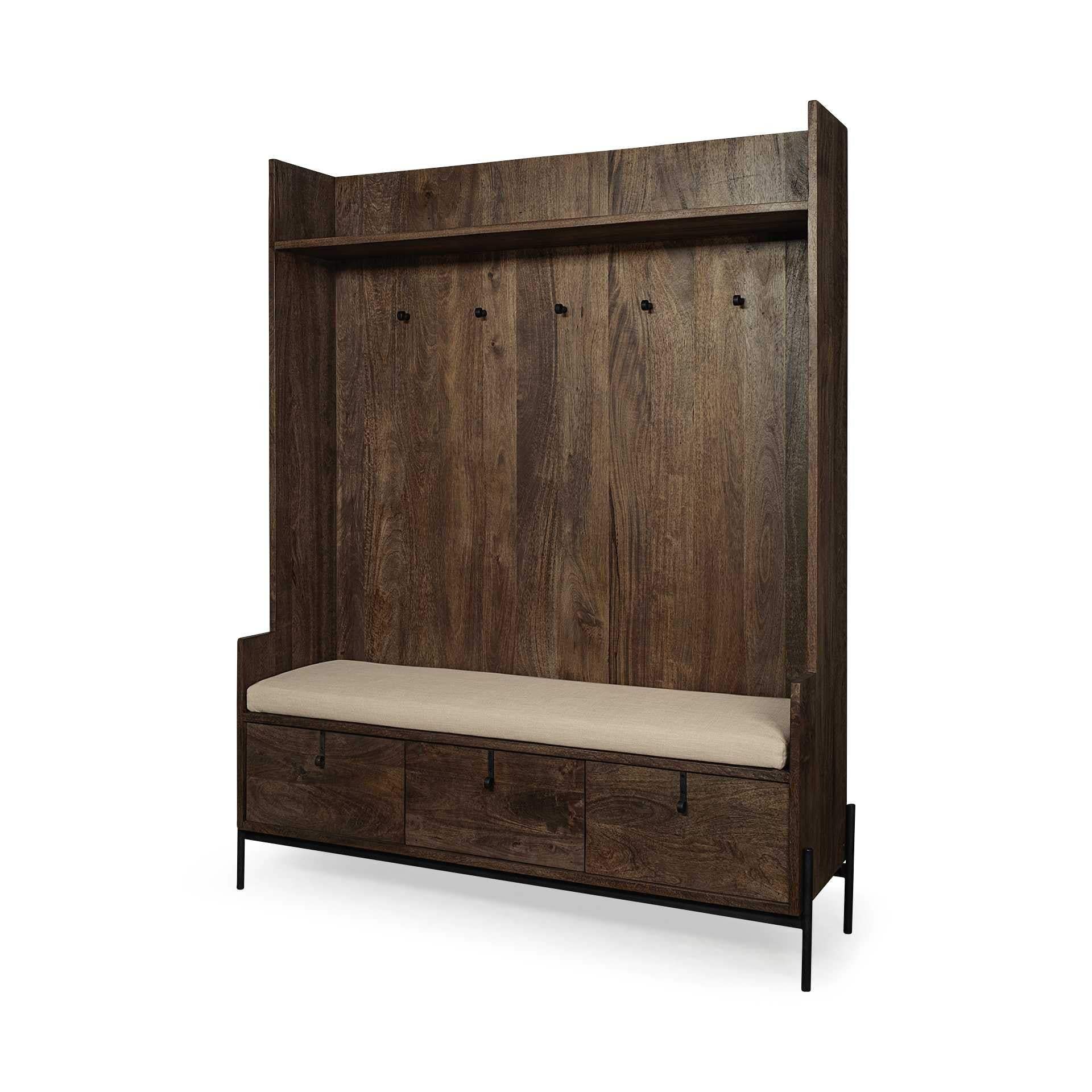 Brown Wood Cream Fabric Wrapped Seat Hall Tree With Storage - Homeroots - Flyclothing LLC