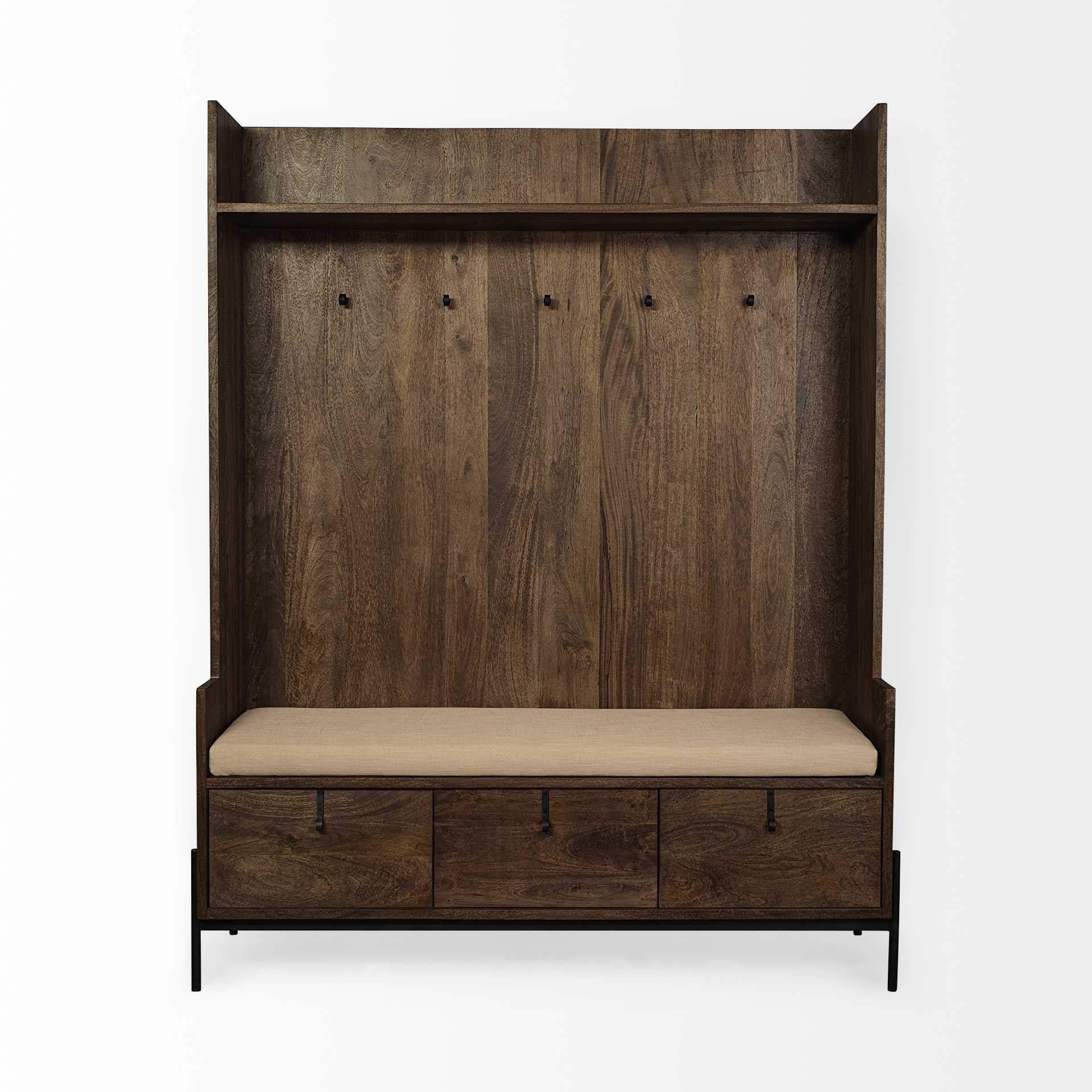 Brown Wood Cream Fabric Wrapped Seat Hall Tree With Storage - Homeroots - Flyclothing LLC