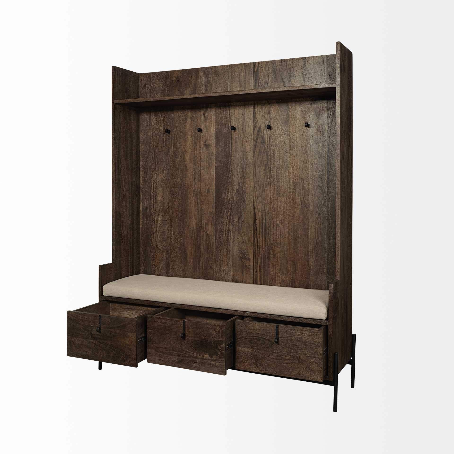 Brown Wood Cream Fabric Wrapped Seat Hall Tree With Storage - Homeroots - Flyclothing LLC