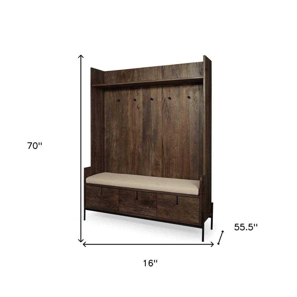 Brown Wood Cream Fabric Wrapped Seat Hall Tree With Storage - Homeroots - Flyclothing LLC