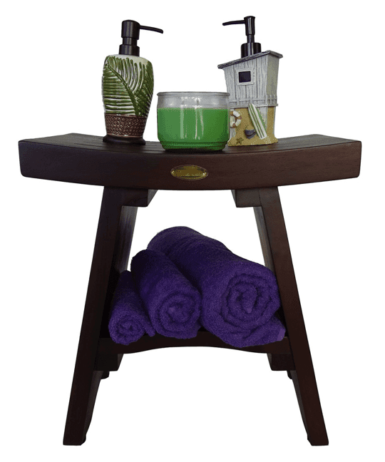 Compact Curviliniear Teak Shower Outdoor Bench With Shelf In Brown Finish - Homeroots - Flyclothing LLC