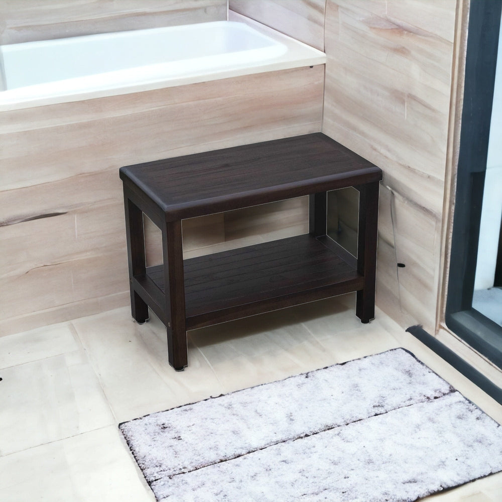 Rectangular Teak Shower Bench With Shelf In Brown Finish - Homeroots