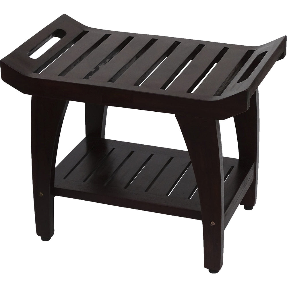 Contemporary Teak Shower Bench With Shelf And Handles In Brown Finish - Homeroots