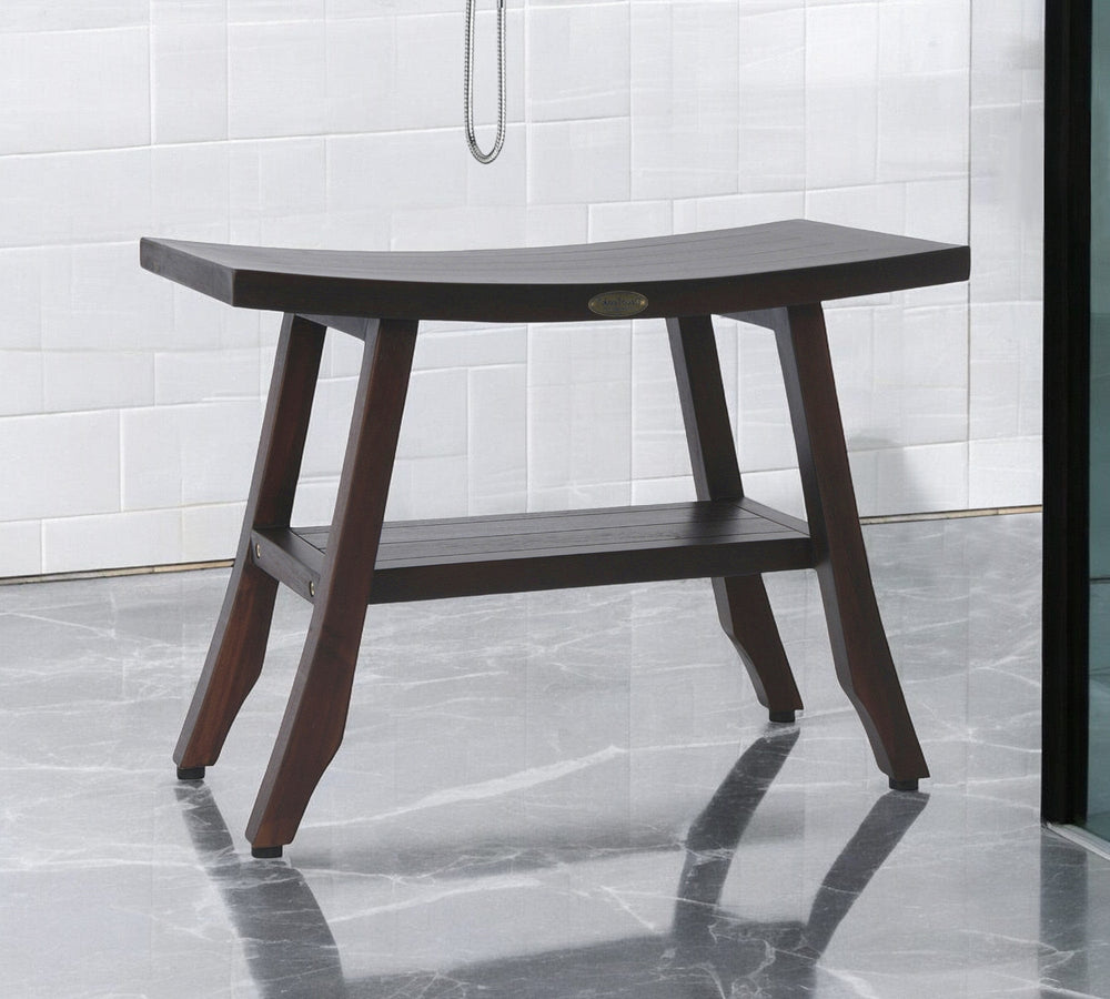 Contemporary Teak Shower Bench With Shelf In Brown Finish - Homeroots