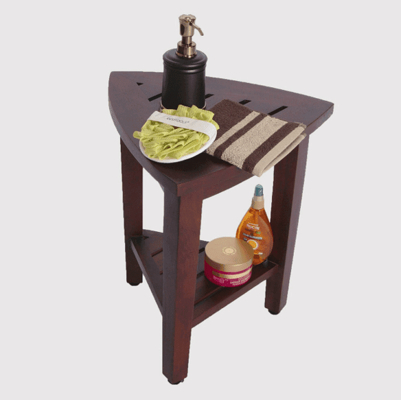 Compact Teak Corner Shower Outdoor Bench With Shelf In Brown Finish - Homeroots - Flyclothing LLC