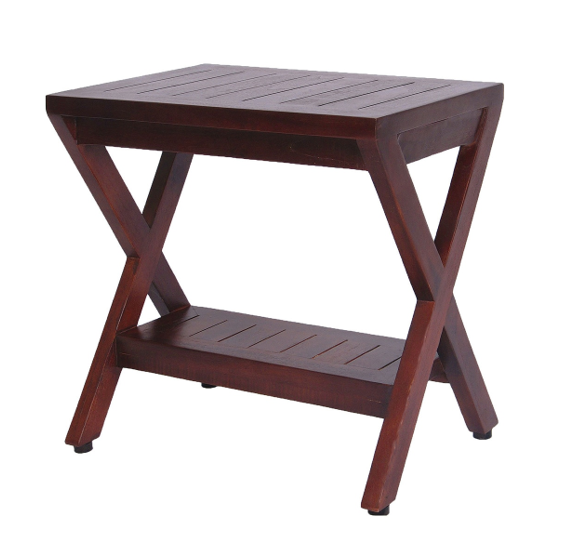 Compact X Shape Teak Shower Outdoor Bench With Shelf In Brown Finish - Homeroots