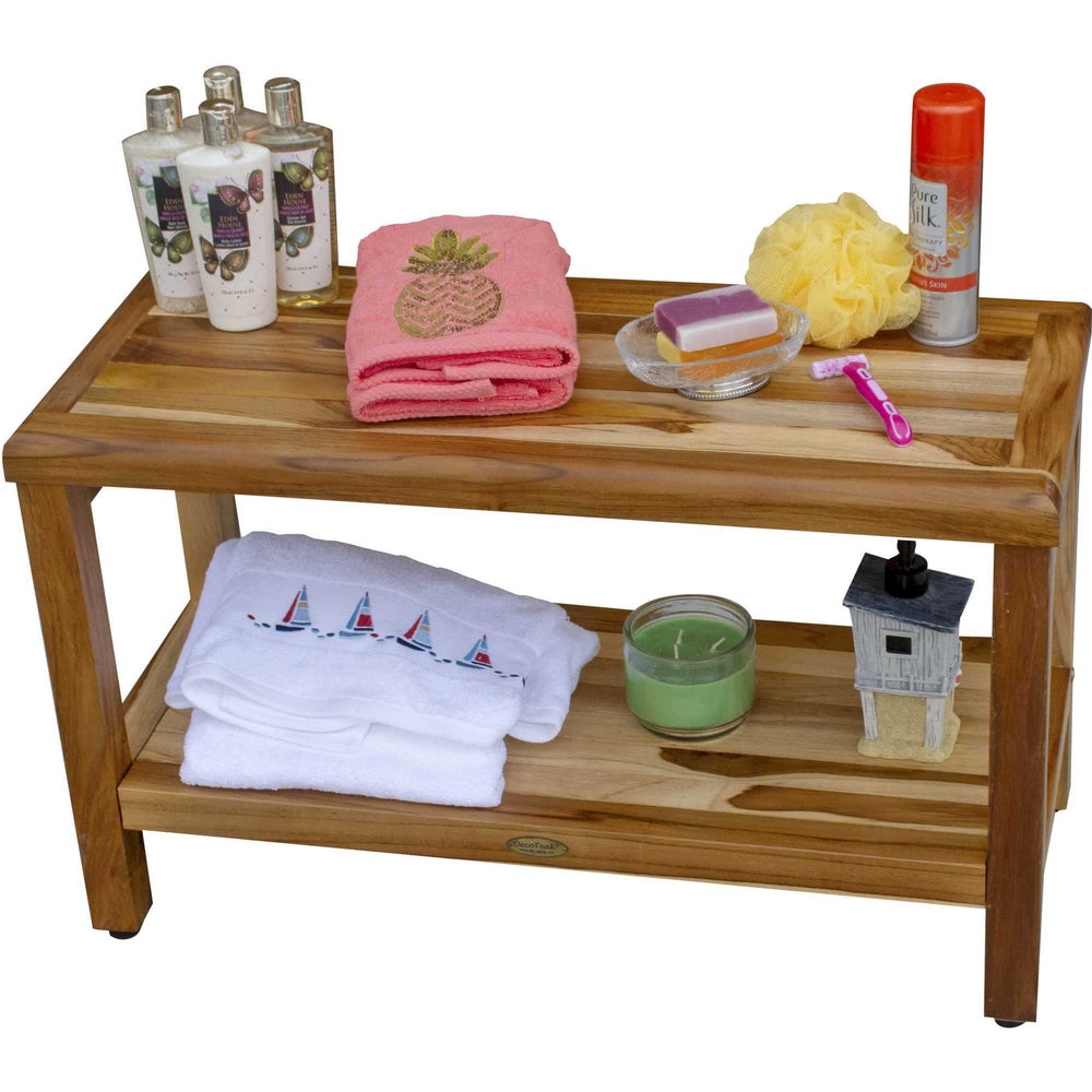 Rectangular Teak Shower Bench With Shelf In Natural Finish - Homeroots - Flyclothing LLC