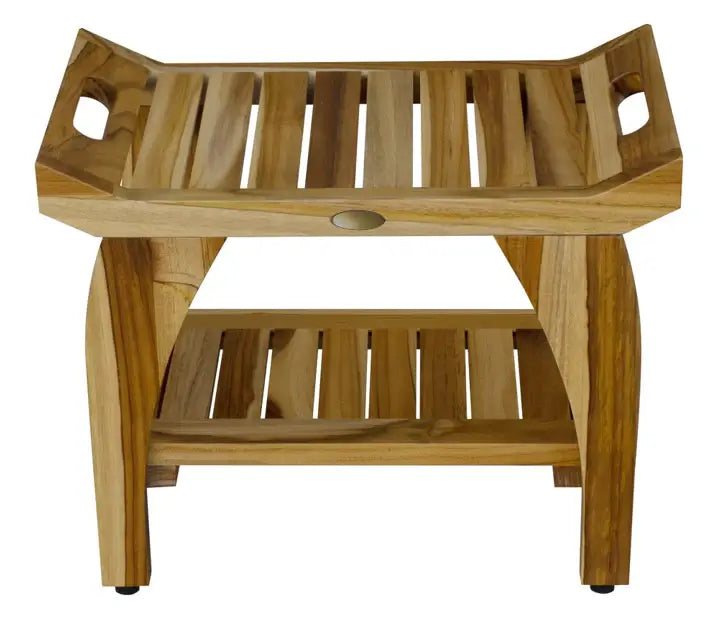 Compact Rectangular Teak Shower Bench With Handles In Natural Finish - Homeroots - Flyclothing LLC