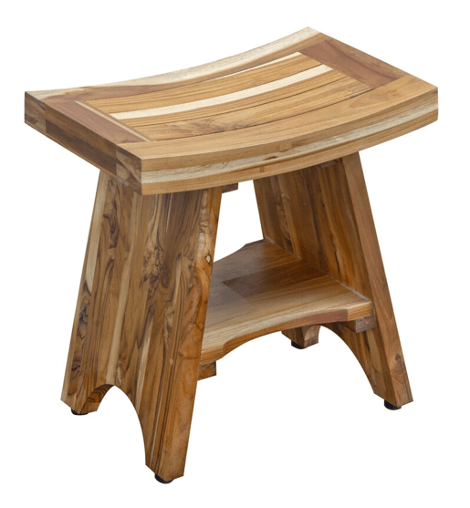 Compact Curvilinear Teak Shower Outdoor Bench With Shelf In Natural Finish - Homeroots